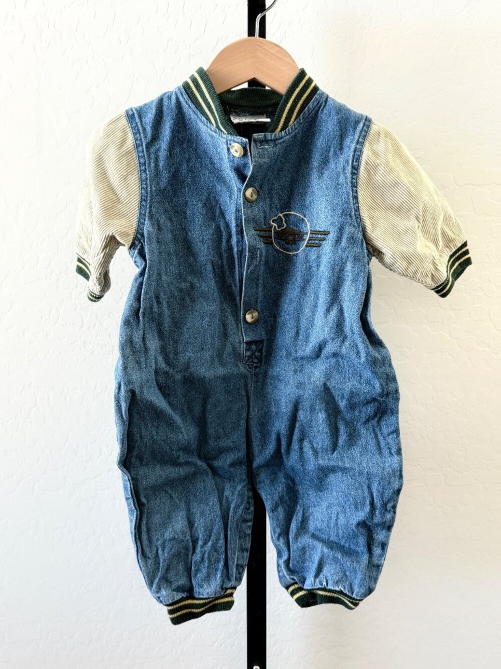 90's Vintage Samara Baby Boys Aviator Denim Coverall Romper Varsity Striped Size